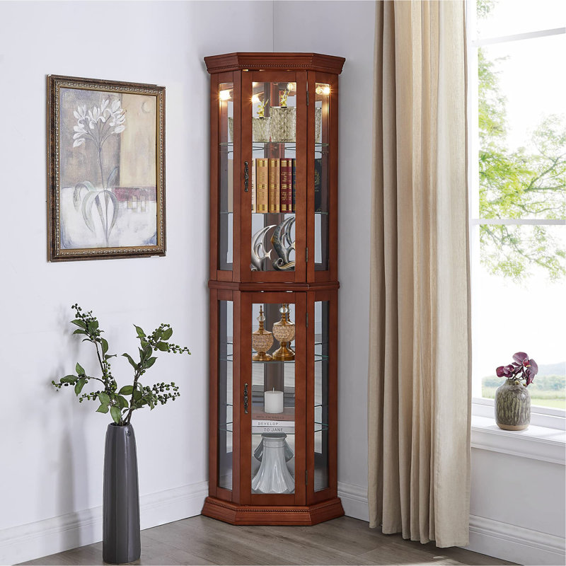 Vitrine de coin avec lumières, tablettes réglables en verre trempé, dossier en miroir, vitrine, noyer clair (ampoule E26 non incluse)