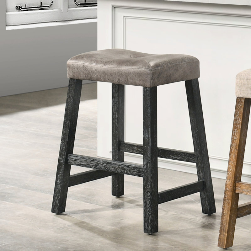 Tabouret de 25 pouces de style rustique sans dossier de 2 avec siège en cuir brun, structure en bois massif, espace pour les barres de petit-déjeuner et les cuisines, comptoir en bois au look patiné, îlots de cuisine confortables