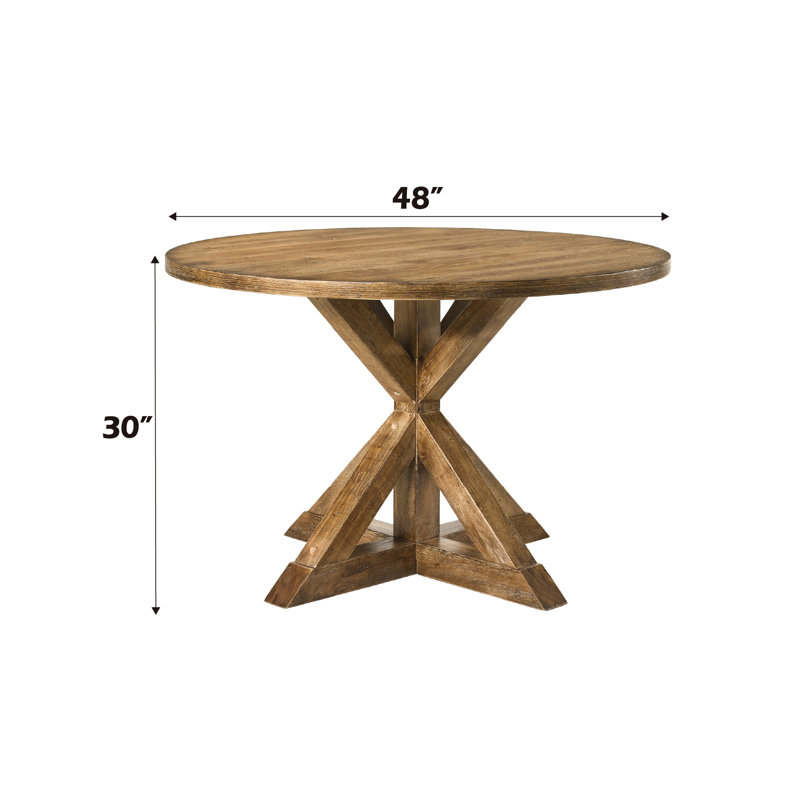 Table de finition en chêne vieilli Ii - 48 po ronde, 30 po de hauteur, 97 lb, 36 mm de surface en bois épais, 72 mm de base avec un design en X en tréteaux