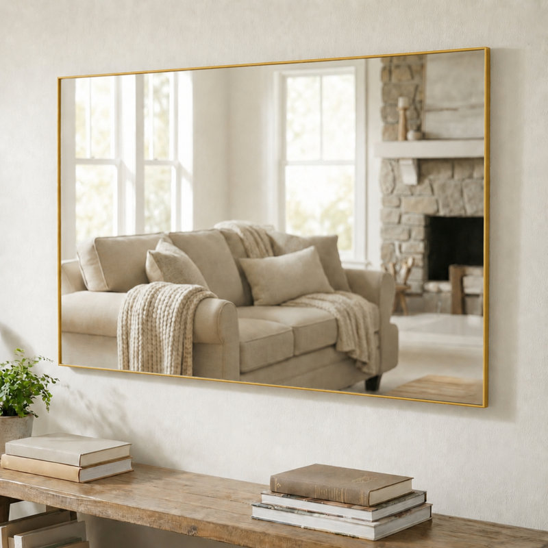 Miroir mural en métal pour salle de bain et meuble-lavabo, collection Kristveig, 36 po x 36 po, Carrée, Doré