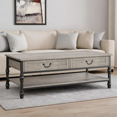 Farmhouse Coffee Table with Storage, 2 Drawer Wooden Coffee Table with Bottom Shelf, Rustic Living Room Center Table with Black Turned Legs
