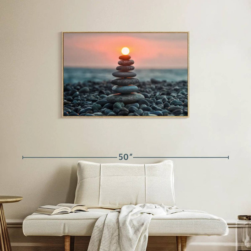 Zen pile au coucher du soleil, Cadre flottant en bois naturel, 37 po x 25 po