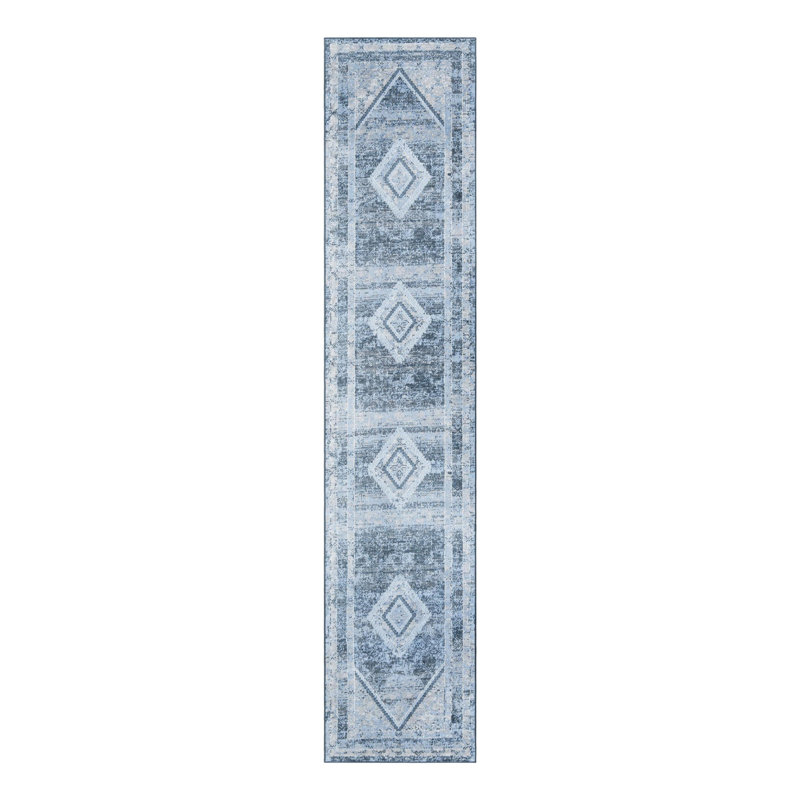 Tapis bleu marine / bleu en polyester tissé à la machine Massie, Tapis de couloir 2 pi 7 po x 12 pi
