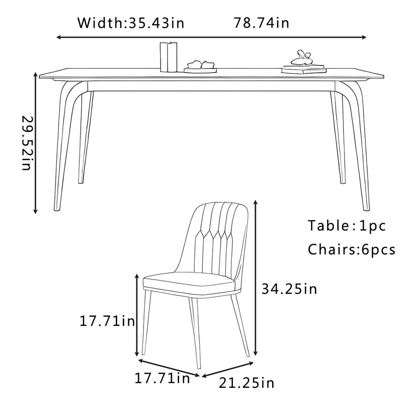 Ensemble de table et chaises de style français, H 29,52 po x L 78,74 po x l 78,74 po