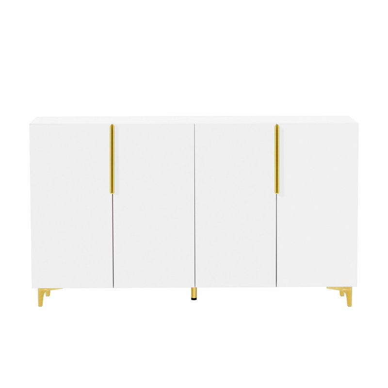 Buffet de 55 po de largeur à finition brillante avec quatre portes, tablettes réglables et pieds dorés, Blanc
