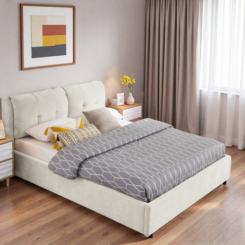 Lit plateforme en chenille avec système de rangement hydraulique et tête de lit tapissier, Beige, Grand