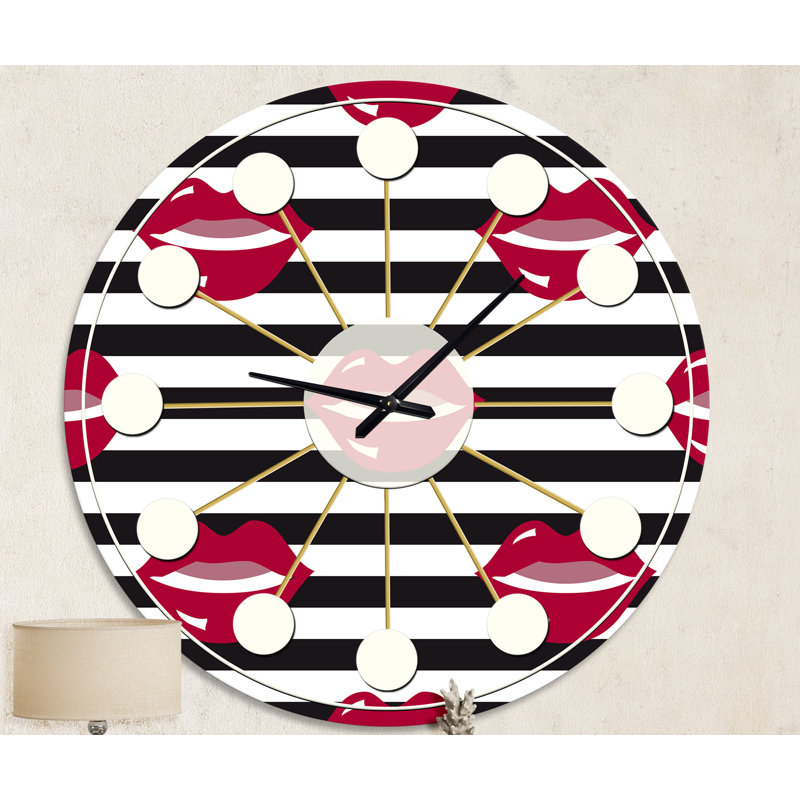 Red Lips Fashion Pattern - Mid-Century Modern wall clock, Medium