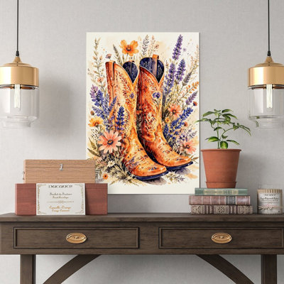 Canvas Wall Art Floral Cowboy Boots Western Art Print Wildflower Vintage Poster Print Home Decor