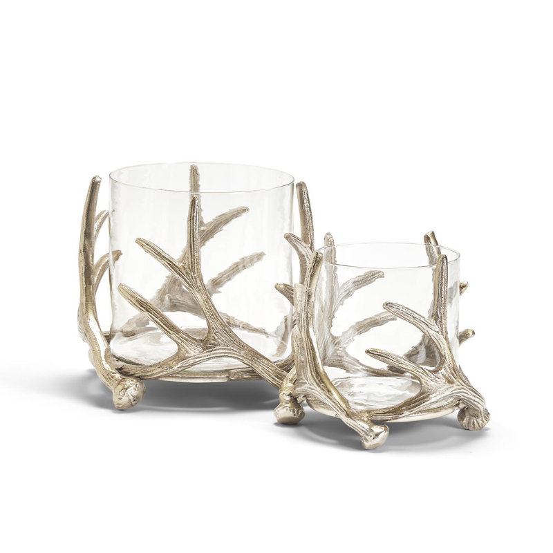 Ensemble de 2 porte-bougies en bois de cerf argent et votive en verre