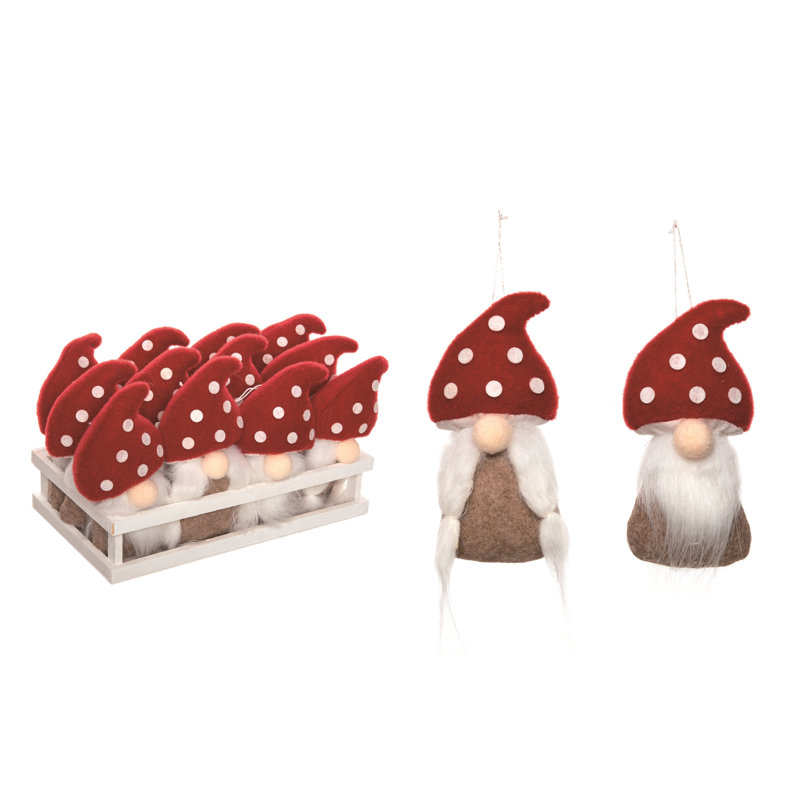  Polyester 11.02 in. Multicolor Christmas Plush Mushroom Gnome Ornaments in Display Set of 12