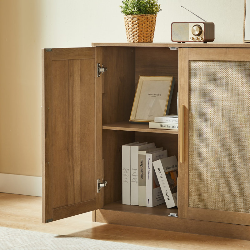 Buffet 67 po, 4 portes en rotin avec meuble télé en bois et console avec tablettes pour le salon et la salle à manger