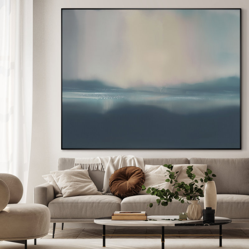 Très grande reproduction d'art sur toile - Horizon brumeux doux en bleu et beige, décoration pour le salon ou la chambre à coucher - «Assemblage requis du cadre (cadre non fini)»