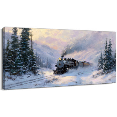 Scène d'hiver, art mural sur toile, train à vapeur, paysage de neige, impressions sur bois pour le salon, pin, forêt, décoration murale, reproduction d'art sur toile