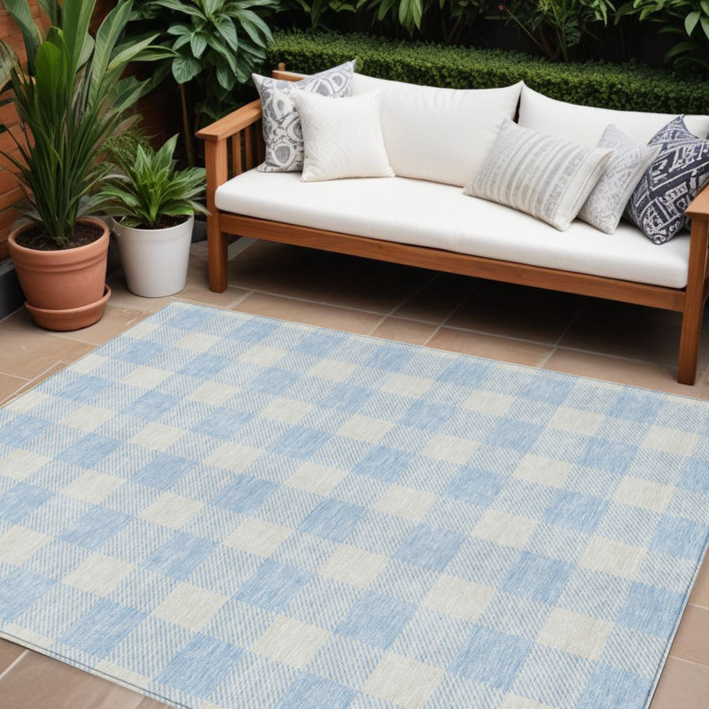 8' X 10' Sky Blue Plaid Washable Indoor Outdoor Area Rug