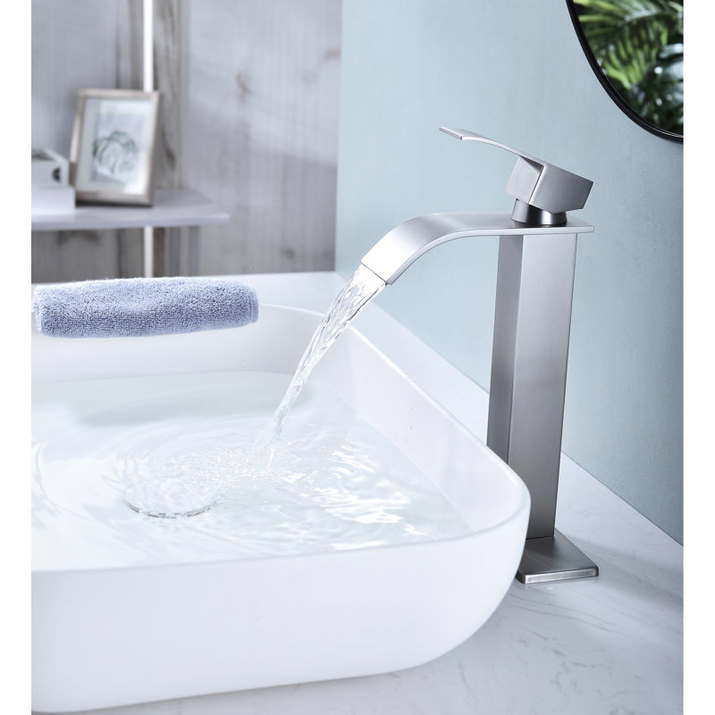 Single Handle Bathroom Sink Faucet - Waterfall Spout, Stainless Steel Made, Pop-Up Drain, Brushed Nickel Plating Spout Model, Steel, Handle, Finish