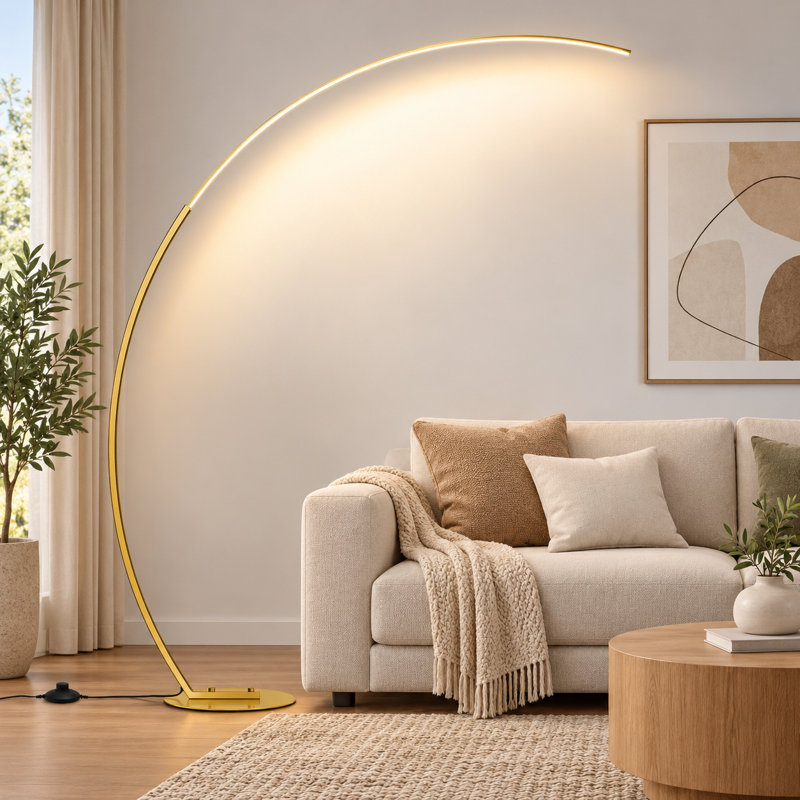 Lampadaire DEL arqué de 170 cm avec télécommande, 2000 lumens, température de couleur réglable de 3000 à 6000 K et interrupteur au pied - Or
