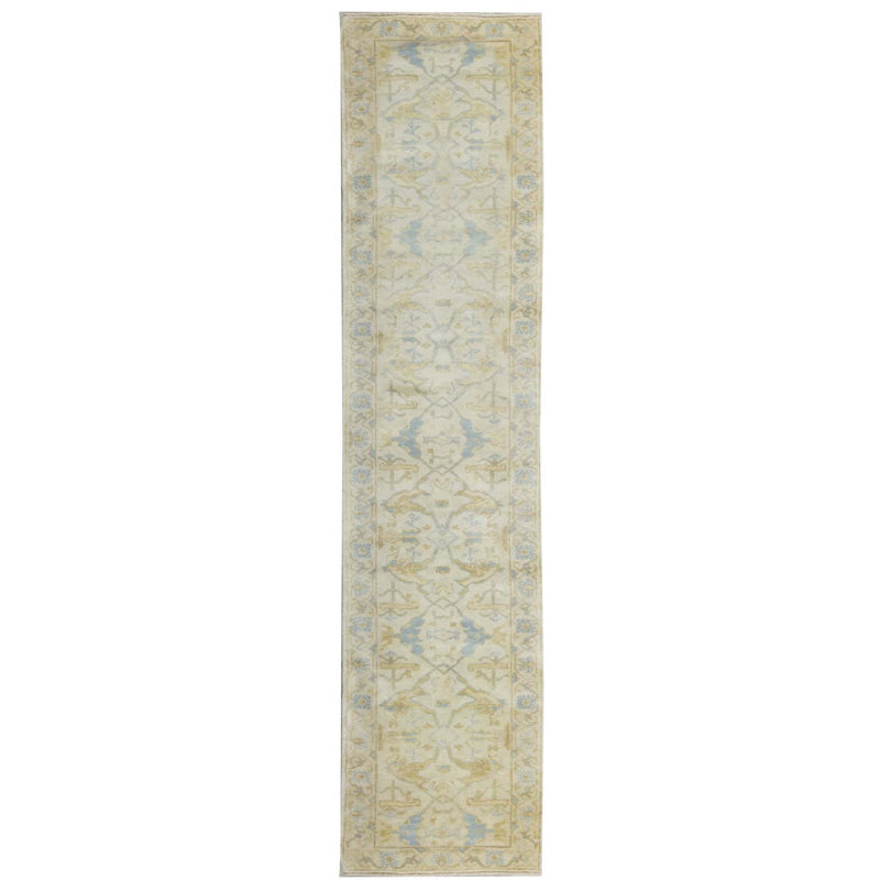 Demirji Oushak Ivory Oriental Handmade Hand-Knotted Runner Runner 2'8" x 12' Wool Area Rug