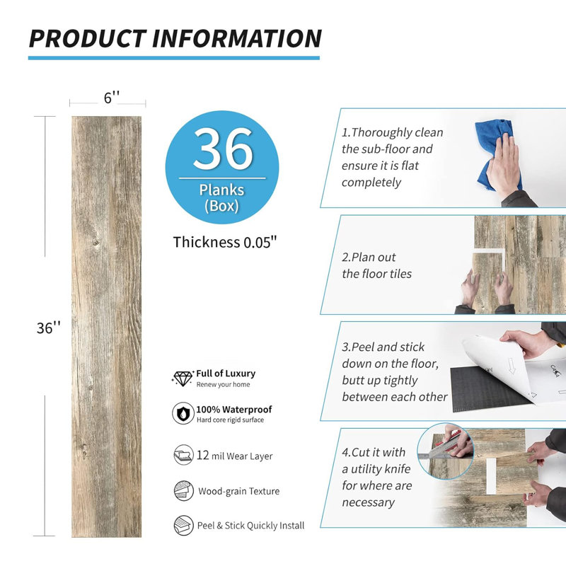 36-Pack 54 Sq.ft Peel and Stick Floor Tiles Vinyl Plank Flooring Wood Look, Adhesive and Waterproof Tile Sticker for Bedroom, Living Room, Kitchen, RV Old Wood