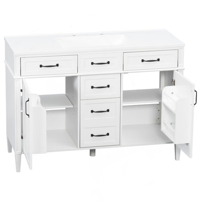 Meuble-lavabo autoportant 48 po avec 4 tiroirs, 2 portes, tablettes réglables et poignées noires