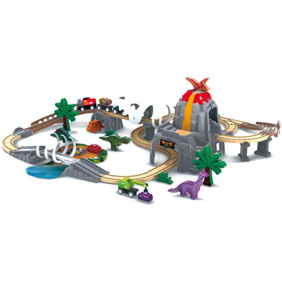 Hape: ensemble d'aventure de chemin de fer de dinosaures - ensemble de jeu de train 61 pièces, lueur dans le noir, effets sonores, figurines de dinosaures, ensemble de jouets de chemin de fer préhistorique, enfants de 3 ans et plus