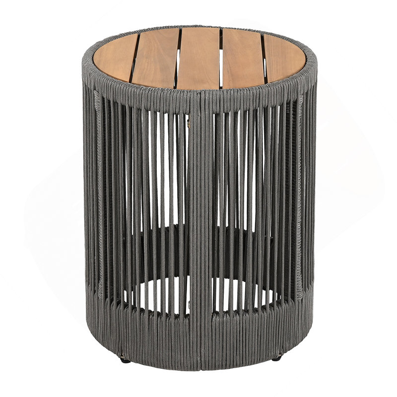 Outdoor Rattan Rope & Acacia Wood Side Table - Patio Balcony Furniture For Garden, Yard, Balcony - Weather Resistant(Rope Grey, Natural Iron)