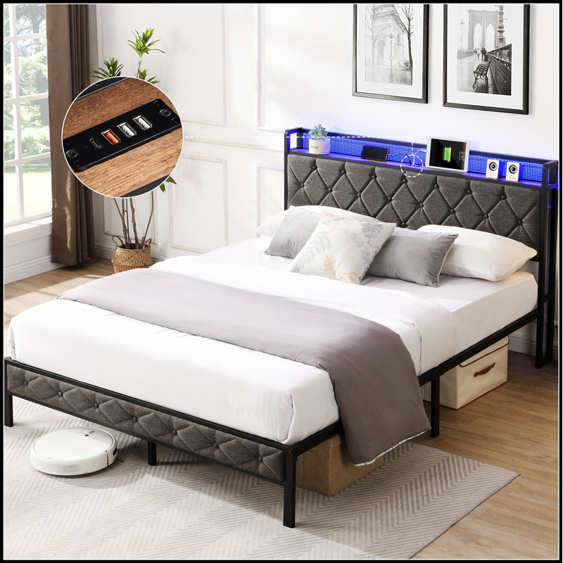 Upholstered Platform Bed with Storage, Charging Station, and LED Lights for Modern Comfort and Convenience, Full