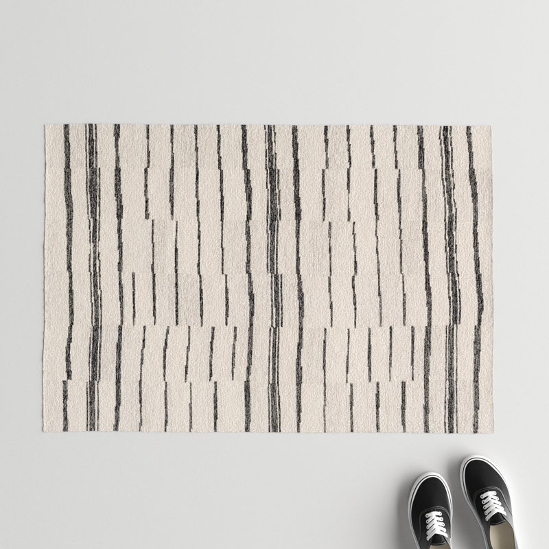 Rune Striped Handmade Tufted Wool Area Rug in Beige/Charcoal, Rectangle 2' x 3'