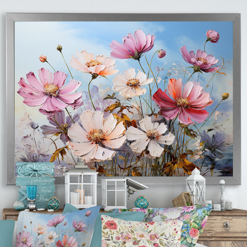 «Zinnias Farmhouse Field Charm III», reproduction sur toile, Cadre simple argenté, H 16 po x l 32 po x P 1 po