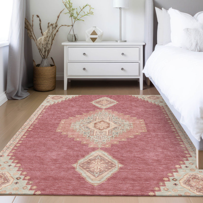Beige and Pink Synthetic Medallion Washable Rug