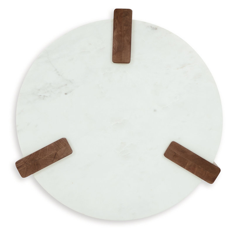 Round White Marble and Brown Wood End Table