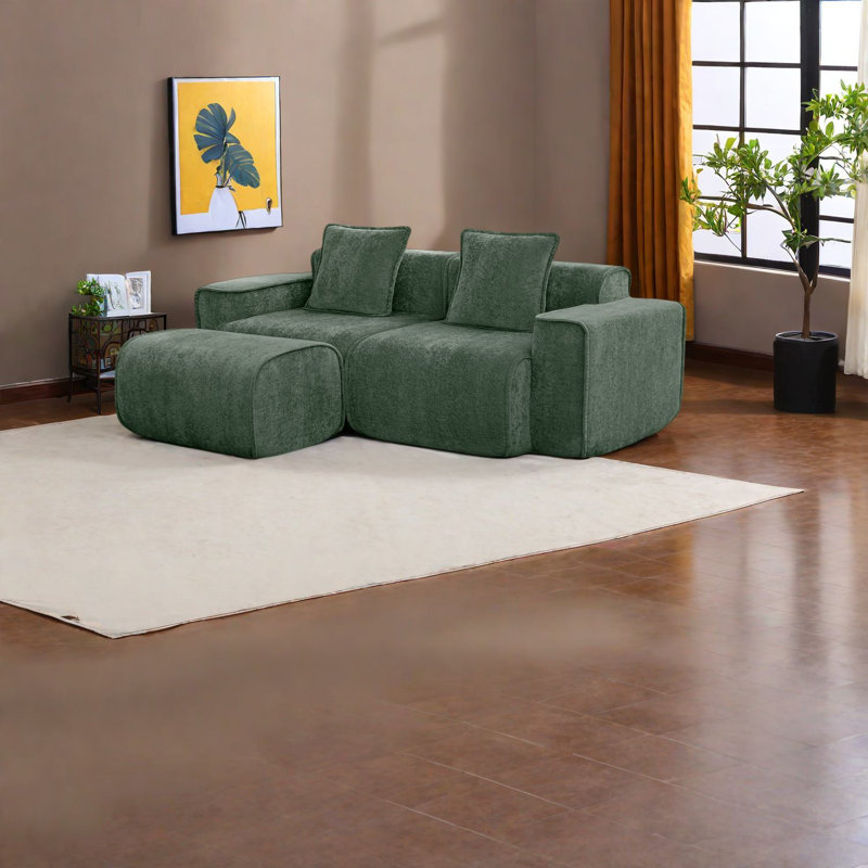 Canapé modulaire moderne en L en velours, tissu vert confortable pour la maison