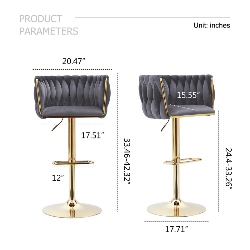 Swivel Upholstered Velvet Adjustable Height Counter Stool, Gray