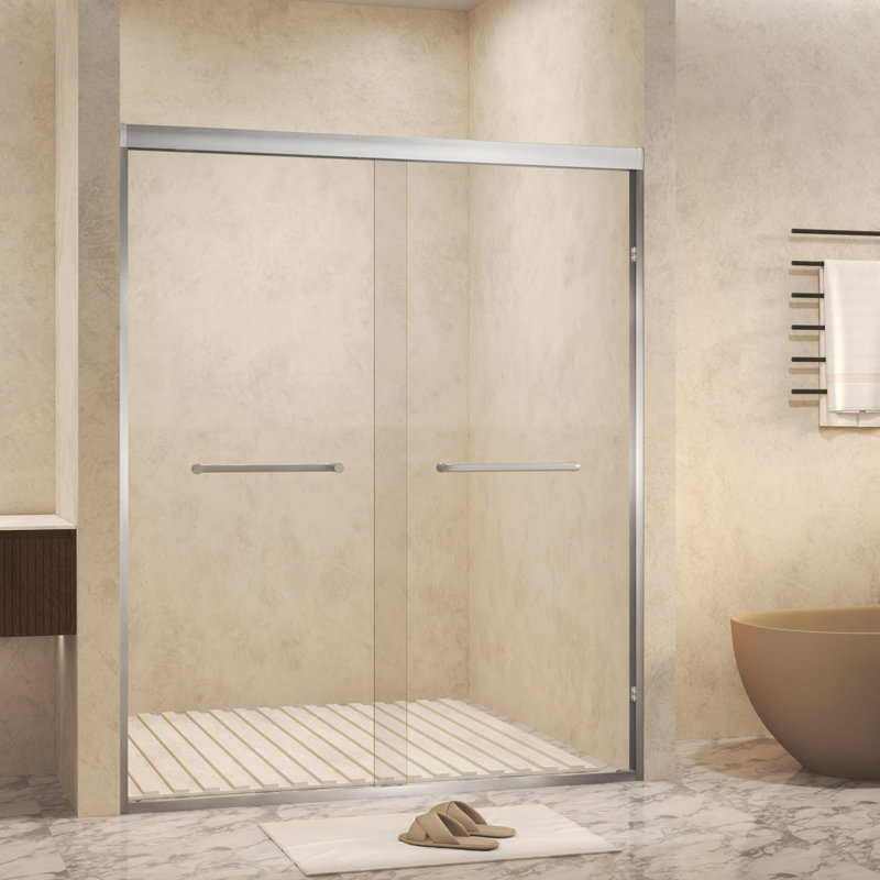50-54 " X 72" Tempered Glass With Explosion Proof Film, Aluminum Frame Double Sliding Shower Door, "1/4 (6 Mm), Stainless Steel Handle