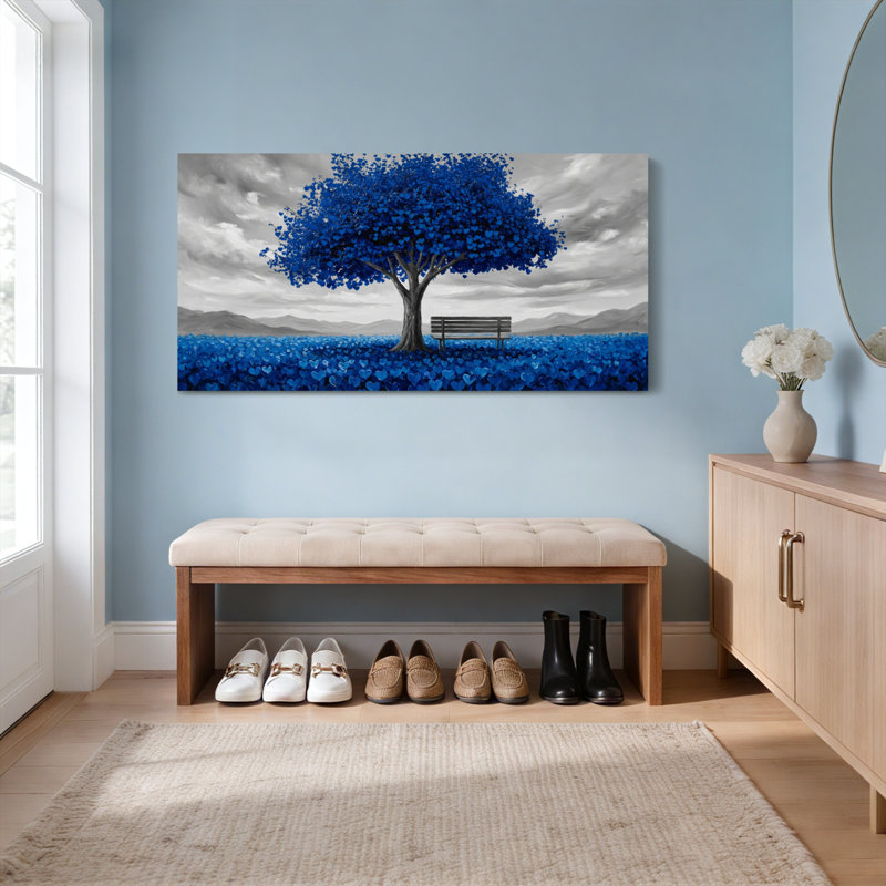 Ensemble de 1 tableau sur toile tendue représentant un paysage d'arbre bleu et de banc, 4020