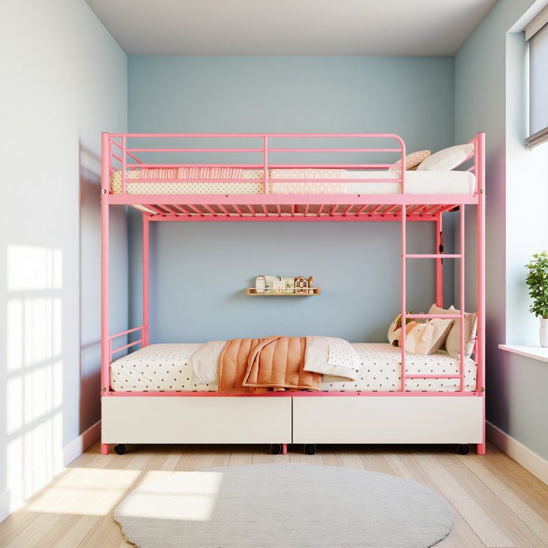 Bunk Bed With USB Charging Station, Able To Split, Metal Bunk Bed, Storage Space, Bed With Safety Guardrail & Ladders, No Box Spring Needed