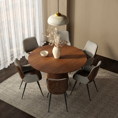 Adara 53" Dining Table In Walnut And 6 Ludovick Armchairs In Heathered Gray Fabric And Dark Brown Leatherette With Black Base