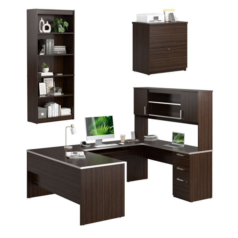 65-inch U Shaped Desk with Hutch, File Cabinet, and Bookcase in Dark Chocolate, Dark Chocolate