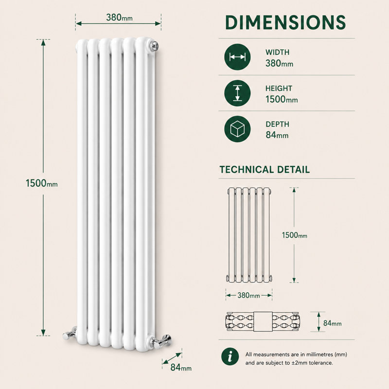 Purcell Vertical Vertical/Horizontal Designer Radiator, 150cm H x 38cm W x 10cm D, White