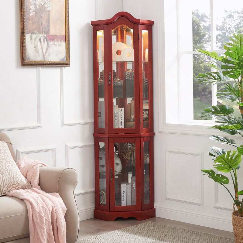 Curio Cabinet, Lighted Glass Display Curio Cabinet, Corner Cabinet With Bulb, Entryway Cabinet, Cherry
