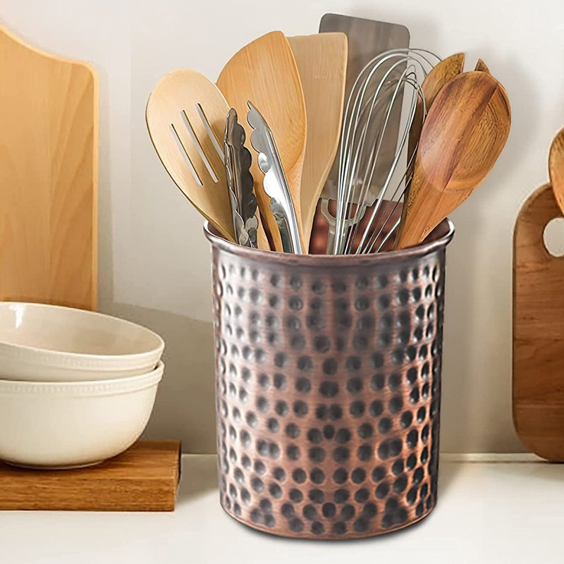 Hand Hammered Metal Kitchen Utensil Holder, Copper