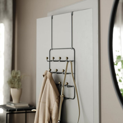 Rangement à suspendre au-dessus de la porte avec 14 crochets - Solution de rangement murale ou de porte peu encombrante - Embouts sphériques en bois sans accroc - Conception en acier moderne