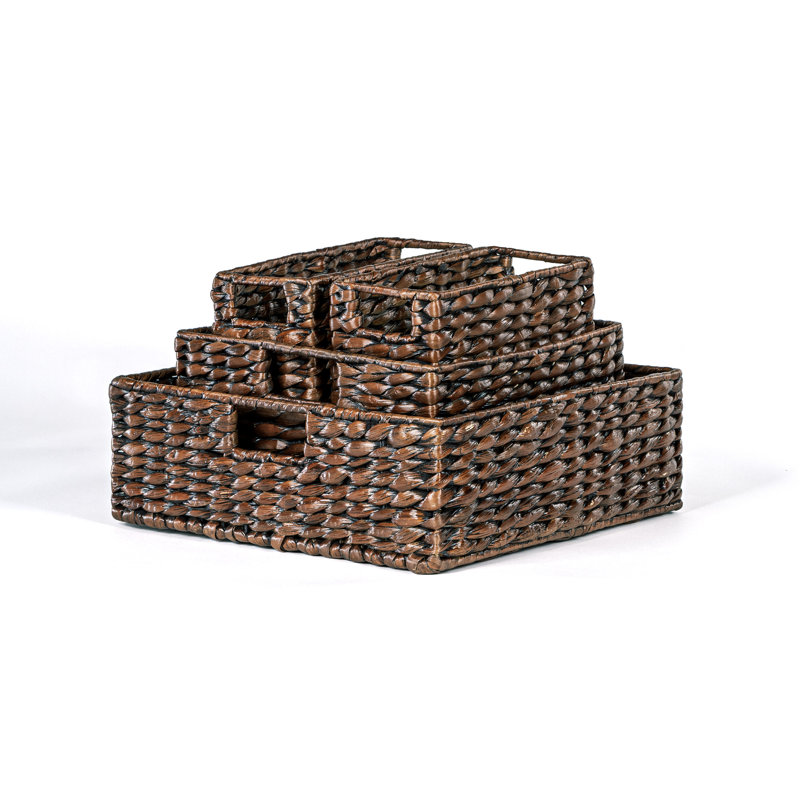 Handwoven Dark Brown Hyacinth Storage Basket Set with Iron Frame