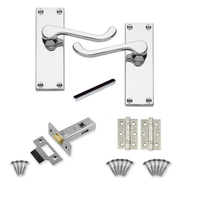 Golden Grace 4 Sets Victorian Scroll Latch Door Handles in Polished Chrome with 1 Pair of 3" Ball Bearing Hinges & Latches Pack - 120mm x 40mm Backplate