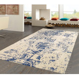 Tapis beige / bleu abstrait touffeté à la main