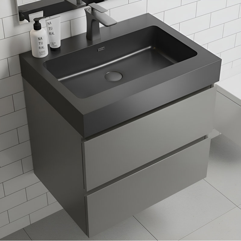 Meuble-lavabo simple mural 24 po avec surface solide avec trop-plein, 24 po, pré-assemblé, Gris espace, Noir mat, 24"