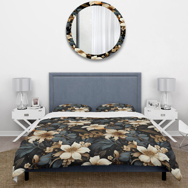 Literie Vintage Noir Moody Patterns II, Housse de couette pour grand lit et 2 taies décor