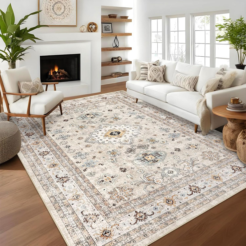 Hallway Runner Rug, Low Pile Washable Vintage Oriental Floral Carpet with Rubber Backing for Entryway, Bedroom, Hall, Kitchen, Beige