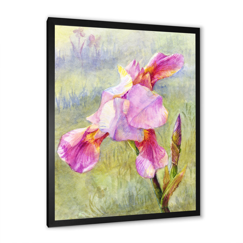 Iris rose dans les prés - œuvre d'art traditionnelle sur toile, H 20 po x l 12 po x P 1 po, Cadre photo noir