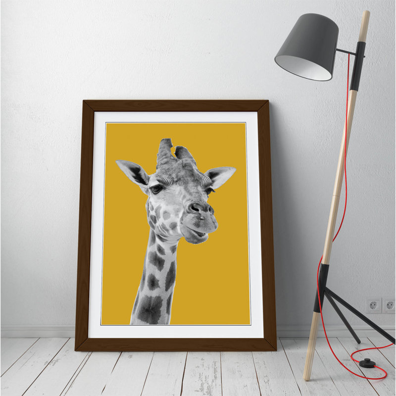 Giraffe - Print on Canvas, White/Yellow Mustard, Brown Framed, 64cm H x 47cm W x 2cm D