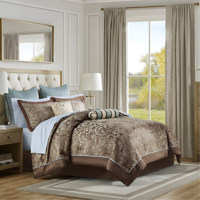 Édredon 12 pièces bleu / brun, avec draps en coton, literie moderne à motif cachemire élégant, bleu / brun, touche glamour
